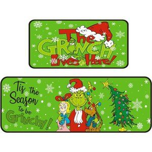 Set of 2 Grinch Christmas Kitchen Mats, Non-Slip Waterproof‎ Rugs, 17x29 & 17x48
